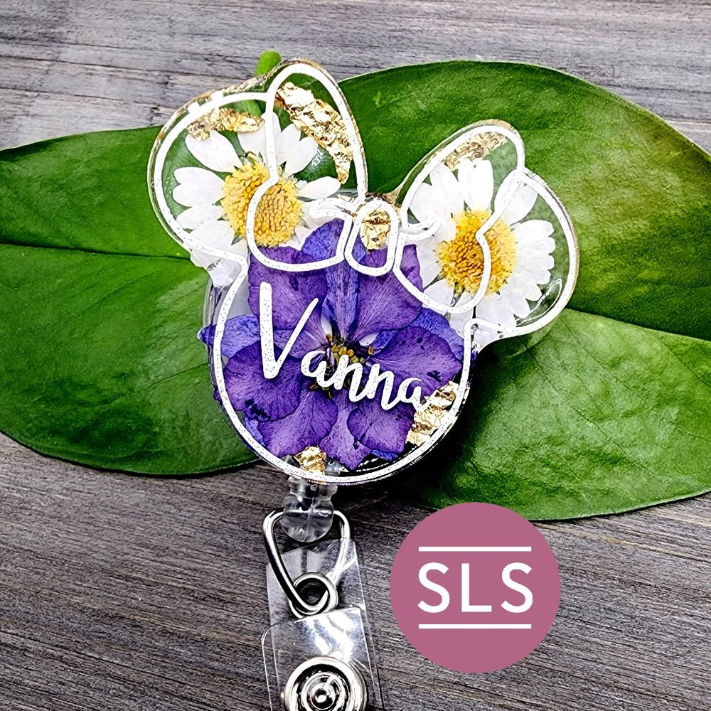 Personalized Floral Badge Reel With Mouse Shape-NICU Nurse-Cartoon Badge Reel